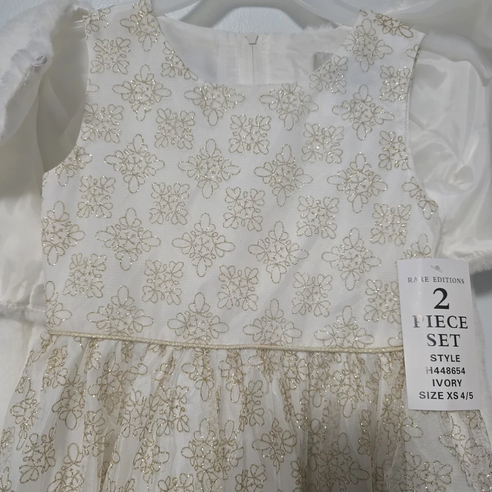Girls' Size 4/5 Rare Editions Ivory and Gold Dress And Faux Fur Jacket Set